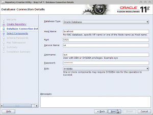 Repository Creation Utility - Step 2 of 7 : Database Connection Details